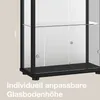 Close-up of the bottom section of a black glass display cabinet, showing adjustable glass shelves and a measurement indicator. Podgląd zdjęcia produktu