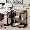 A split image showing a messy desk on the left and an organized bookshelf on the right, with text promoting organization. Produktbild-Vorschau