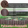 A garden border made of brown plastic palisades with a wood-like texture, surrounding a flower bed with daisies and other flowers. Rain is depicted falling. Voir les images du produit