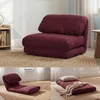A collage of a burgundy folding chair/bed in different configurations, set in a room with a rug and a bookshelf.