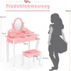A diagram showing the dimensions of a child's vanity set and a silhouette of a child for scale. Voir les images du produit