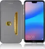 A black flip case for a Huawei P20 Lite phone, showing the inside of the case with a card slot and a phone inside. Produktbild-Vorschau