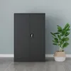 A dark gray metal cabinet with two doors and a lock is shown in a room with a light gray wall and a wooden floor. A potted plant with green leaves is placed to the right of the cabinet. Produktbild-Vorschau