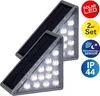 Two triangular solar-powered lights with LED lights and solar panels are shown against a white background. Several circular icons with text are present on the right side of the image. Produktbild-Vorschau
