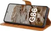 A brown leather flip case for a smartphone, showing the phone screen with text. Produktbild-Vorschau