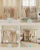 Collage of images showing a rolling garment rack with clothes in different settings. Náhled obrázku produktu