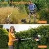 A collage showing a man using a wheeled trimmer in tall grass and a woman using a hedge trimmer. Produktbild-Vorschau