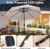 A collage of images showing a white solar-powered LED patio umbrella in a garden setting, with close-ups of its solar panel, LED lights, and switch. Produktbild-Vorschau