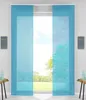 Two turquoise panel curtains are shown hanging in front of a window with a view of trees and a grassy field. Produktbild-Vorschau