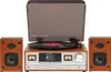 A retro-style music system with a turntable, CD player, and speakers, presented against a white background. Produktbild-Vorschau