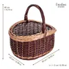 A woven picnic basket with a handle, shown on a white background with dimensions indicated. Náhľad obrázku produktu