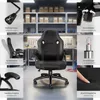 A collage of images showcasing the features of a black office chair, set against a workshop background. Produktbild-Vorschau