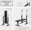 Collage of images showing a black weight bench with various dimensions and features highlighted. Produktbild-Vorschau