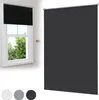 A black roller blind is shown in a window, with a separate image of the blind and color swatches below.
