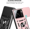 Two phone cases, one black and one rose gold, are shown with a close-up view of their camera protection and ring holder features. Text describes the sliding window feature. Produktbild-Vorschau