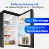 An open refrigerator with food and drinks inside, with marketing text overlays. Produktbild-Vorschau