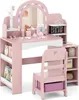 A pink children's vanity set with a chair, mirror, and shelves. Náhled obrázku produktu