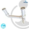A white plastic sink drain connection kit for a double sink, shown against a white background with grey graphic overlays. Produktbild-Vorschau