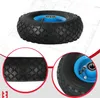 A collage of images showing a wheel for a transport cart, with close-up views of the tire tread and the wheel hub. Anteprima dell’immagine prodotto