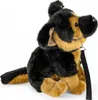 A plush German Shepherd dog toy sitting down with a black leash attached to its collar. Náhled obrázku produktu