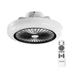A white ceiling fan with black blades and a remote control. Náhled obrázku produktu
