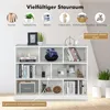 A white bookshelf filled with various items, with overlaid text and icons highlighting storage possibilities. Produktbild-Vorschau
