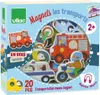 The image shows the packaging of a set of wooden transportation magnets for children. The packaging is blue with colorful illustrations of various vehicles and animals, and text indicating the product name, brand, and contents. Produktbild-Vorschau
