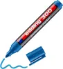 A blue Edding 300 permanent marker with its cap off and a blue scribble on a white background. Produktbild-Vorschau