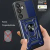A hand holding a blue phone case with a ring holder and camera cover. Produktbild-Vorschau