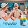 An elderly couple enjoying ice cream outdoors, with a product bottle in the foreground. Produktbild-Vorschau
