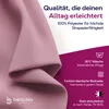 A close-up of a pink fabric with marketing text and icons. Produktbild-Vorschau