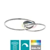 A modern, circular LED ceiling light with multiple rings, shown against a white background. Below the light are three icons representing features: remote control, dimming, and RGB+TW color options. Produktbild-Vorschau