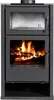 A modern wood-burning stove with a glass door showing a fire and an upper compartment with a glass door. Produktbild-Vorschau