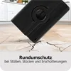 A black tablet case is shown falling onto a cracked tile floor, with kitchen cabinets in the background. Produktbild-Vorschau