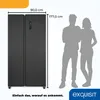 A side-by-side refrigerator with dimensions indicated and two silhouetted figures for scale. Produktbild-Vorschau