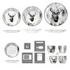 A collage of tableware items featuring a deer motif, along with icons indicating product features. Voir les images du produit