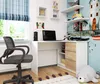 A corner desk setup in a room with a window, chair, and decorative elements. Produktbild-Vorschau