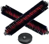 Two black and red roller brushes are crossed over each other, with a small black robot vacuum cleaner below. Produktbild-Vorschau