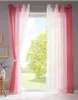 A window with pink and white gradient curtains, showing a green tree and a grassy field outside. Produktbild-Vorschau