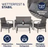 A garden furniture set with two chairs, a bench, and a coffee table, presented with marketing text and icons highlighting product features. Produktbild-Vorschau
