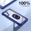 A transparent phone case with a blue frame and a silver ring holder is displayed on a light blue and white background. Produktbild-Vorschau