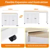 A collage of images showing a white kitchen island with an extendable countertop, demonstrating its different sizes and features like wheels and drawer slides. Anteprima dell’immagine prodotto