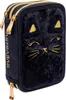 A black pencil case with a fluffy cat face design and gold zippers. Produktbild-Vorschau