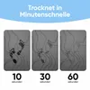 Three images showing footprints on a mat at different time intervals (10, 30, and 60 seconds) to demonstrate drying speed, with text indicating fast drying. Produktbild-Vorschau