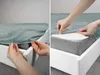 A split image showing hands putting a fitted sheet onto a mattress. Náhled obrázku produktu