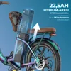 A close-up marketing image of an electric bicycle's battery and rear wheel, with text overlays highlighting product features. Produktbild-Vorschau