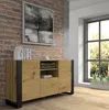 A modern sideboard with a wood grain finish and black legs is placed against a brick wall next to a window. Náhled obrázku produktu