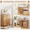 A collage of images showing a wooden folding sewing table in different configurations and uses, including as a side table and a computer desk. Produktbild-Vorschau