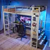 A loft bed with a desk and storage, set up in a bedroom with blue LED lighting. Náhled obrázku produktu
