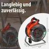 A close-up of an orange extension cord reel with dimensions indicated, and a larger view of a similar reel in a workshop setting. Produktbild-Vorschau